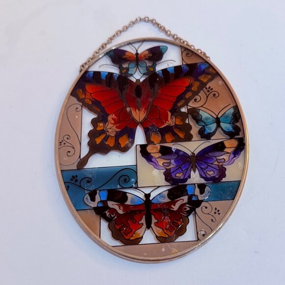 Butterfly Stained Suncatcher Decorative Window Art Oval Hanging VTG Home Swirl - Picture 12 of 12